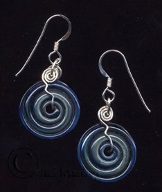 artist-made borosilicate glass discs hanging from handmade sterling silver wires